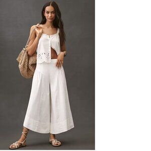 Anthropologie White Wide-Leg Cropped Linen Pants